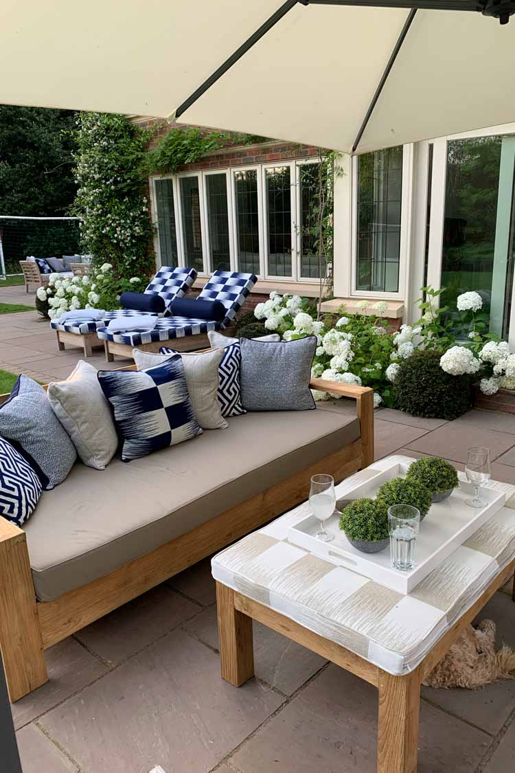 Country estate Sunlounger cushions garden design, Bradley Burgess Design